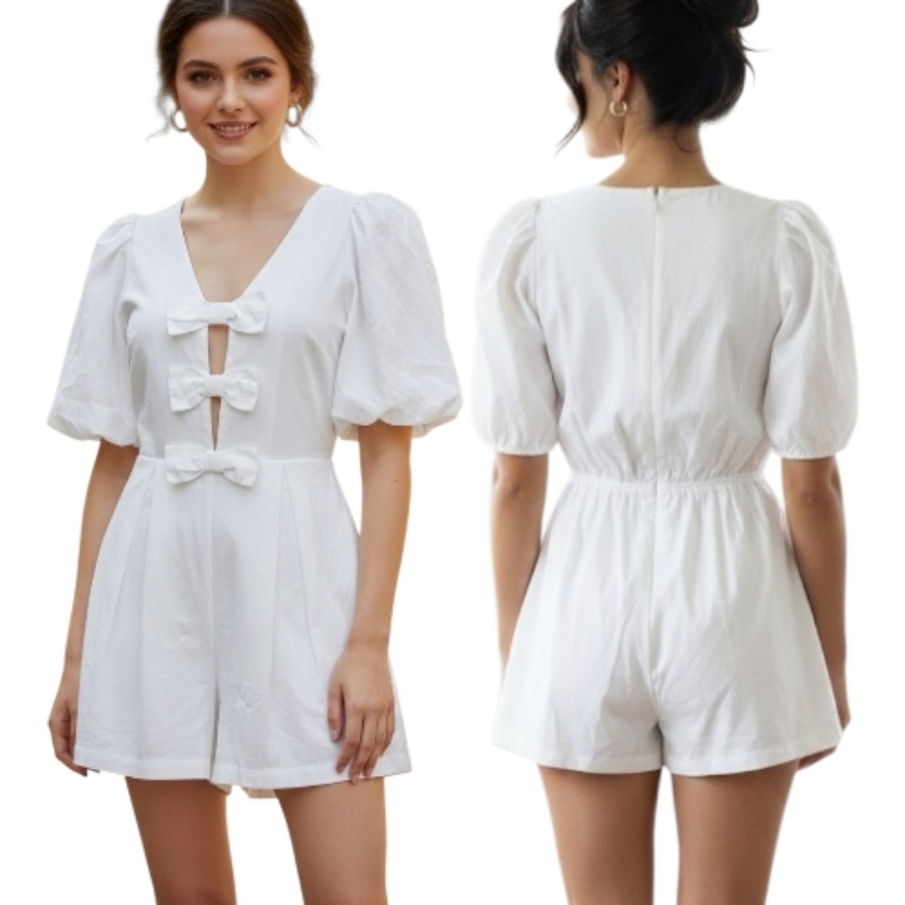 MABLE "Kinley" White Bow Front Linen Romper - Size M